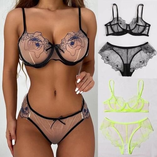 Unlined Bras Underwear Women Set Lace Perspective Sexy Lingerie Erotic Sensual Bikini Underwear Intimates Two-piece Lingerie Set