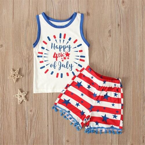 Independence Day Infant Baby Girl Clothes Set Sleeveless Letter Tops+Print Shorts Toddler Outfits Newborn Summer Clothing