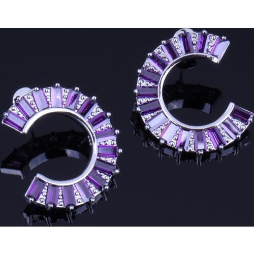 Gallant Half Moon Shape Purple Cubic Zirconia Silver Plated Stud Earrings V0182