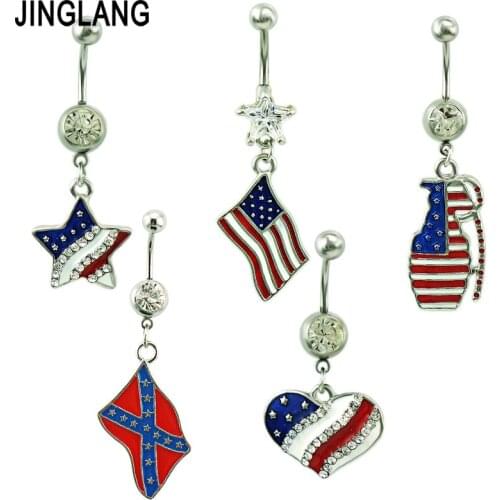 JINGLANG Mixed stainless steel colorful stars and stripes Dangled Belly Navel Piercing ring belly button Woman Body Jewelry 1Psc