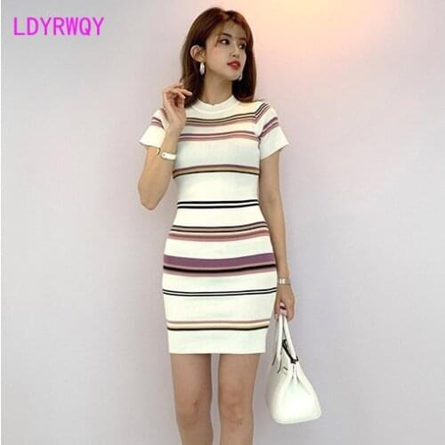Korean womens summer dress new short-sleeved striped round neck bottoming dress sexy bag hips Knee-Length Office Lady