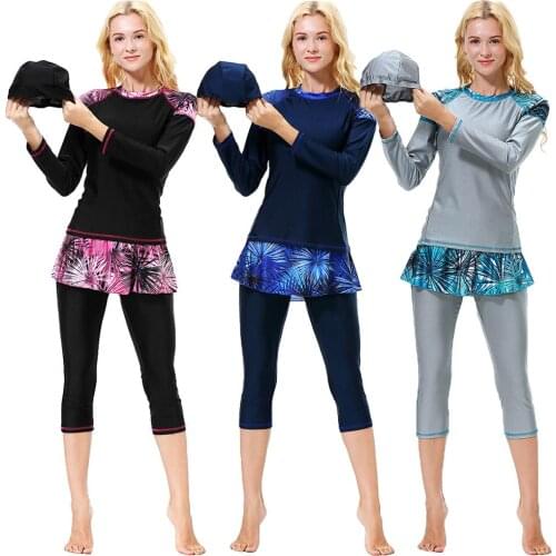 3PCS Muslim Swinsuit Plus Size Modest Burkini Women Long Sleeve Tops Pants Hat Bathing Suit Islamic Swimming Costumes Beachwear