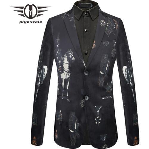 Plyesxale Men Blazers 2018 Knight Horse Pattern Mens Fashion Printed Blazer Single Breasted Casual Male Blazer Jacket Q442