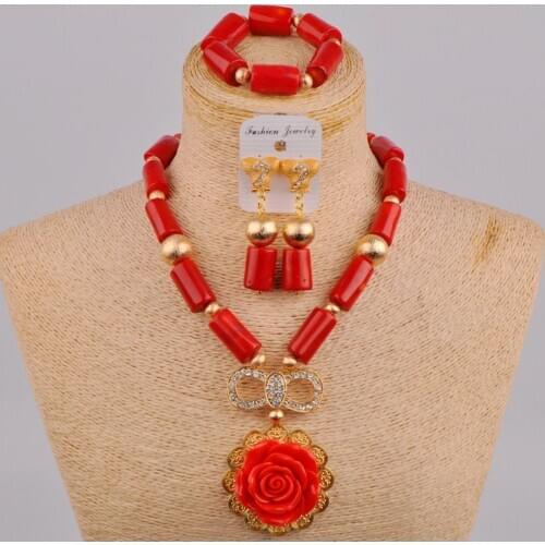 Latest African Coral Necklace Red Coral Jewelry Set Nigerian Wedding Coral Beads Bridal Jewelry Sets 1C-A02