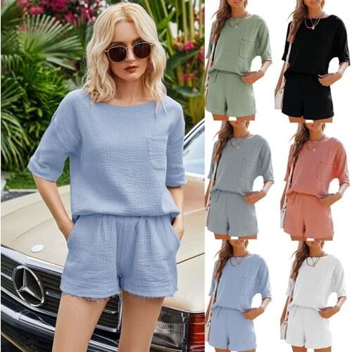 2021 Summer New Style Solid Color Cotton And Linen Round Neck Drop Shoulder Sleeve Fashion Casual Sports Two-Piece Suit