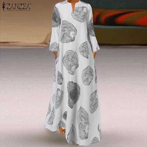 ZANZEA Women Vintage Long Sleeve Kaftan Dress Spring V neck Retro Printed Sundress Casual Loose Dresses Robe Maxi Long Vestidos