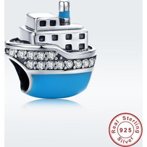 Fit Europe Bracelet Original 925 Sterling Silver Blue Steamship Beads S925 White Zircon Travelling Ship Charms for DIY Jewelry