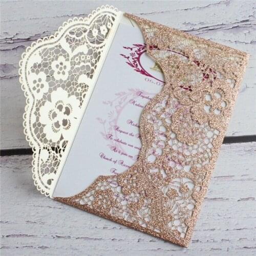 Rural invitation flower laser cut pocket invite glitter rose gold party supply 50 sets printable