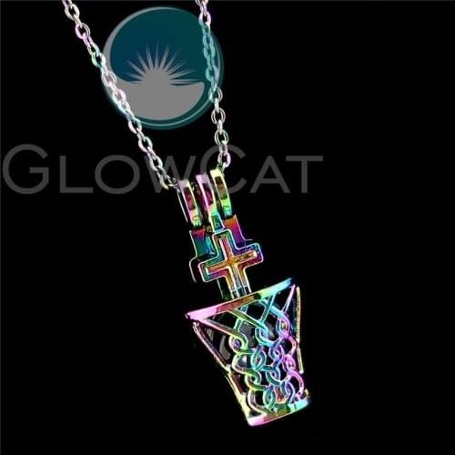 R-C944 Rainbow Cross Bottle Beads Cage Pendant Perfume Diffuser Aroma Oyster Pearl Cage Locket Necklace
