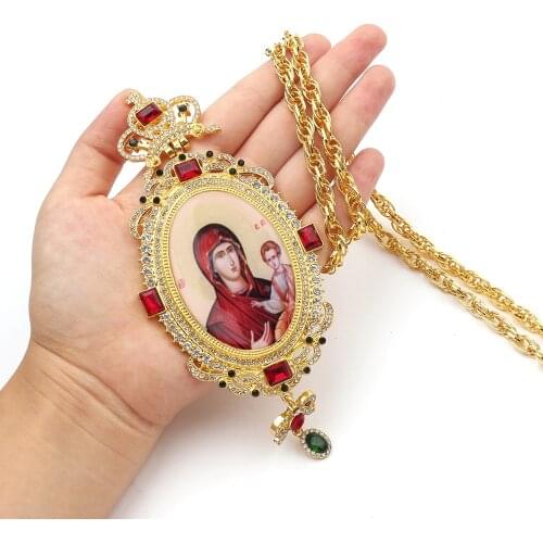 Religious necklace Virgin Mary Pendant with oval jesus for Men Family Orthodox Retro Full crown Christian necklace with box