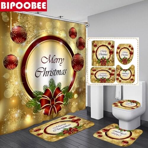 Merry Christmas Bathroom Curtains Set Waterproof Polyester Fabric Shower Curtain Golden Bath Mats Toilet Lid Cover Non-slip Rugs