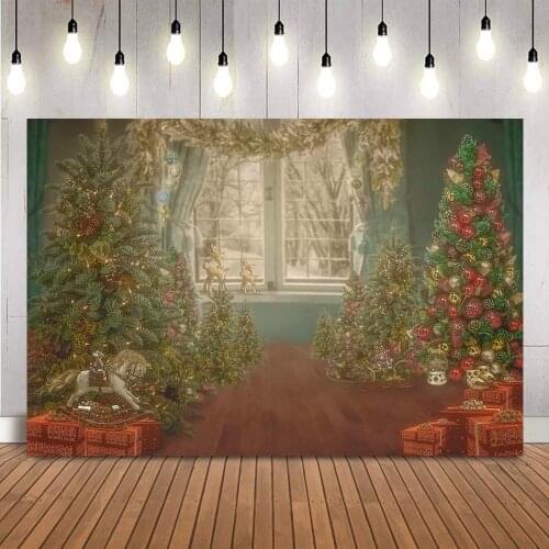 Christmas windows portrait backdrop for photography studio red Christmas tree family party decoration photocall winter snow