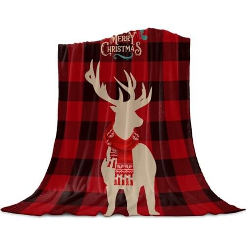 Christmas Plaid Elk Throw Blanket for Sofa Christmas Decoration Bedspread Portable Microfiber Flannel Blanket