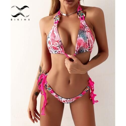 Pink snake print bikini set Gemstone halter swimwear women String low waist swimsuit Sexy backless bathing suit Micro beach wear