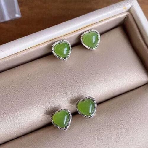 Natural Hetian Jade Heart Shaped Earrings Chinese style retro small exquisite romantic silver jewelry Fairy Christmas gift