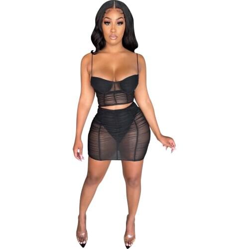 Cutubly Mesh See Through Two Piece Set Outfits Sexy Patchwork Women Set Club Solid Sleeve Slim Summer Cami Top Mini Skirt Set