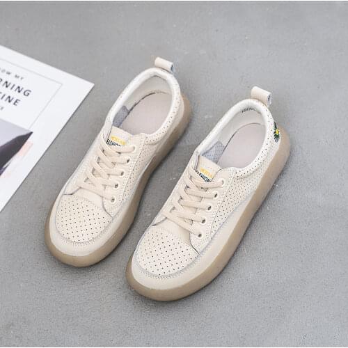 Women Platfrom Flats Ladies Genuine Leather Shoes Womens Hollow Leather Casual Shoes Tendon Soft Bottom Breathable White Shoes