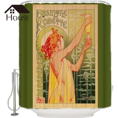 BIGHOUSES Shower Curtain Classic French Art Nouveau Absinthe Robette Fabric Shower Curtain 12 Hooks