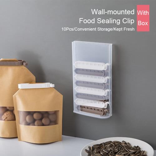 10Pcs/set Portable Food Snack Seal Sealing Bag Clips Sealer Clamp Plastic Tool Kitchen Accessories with Wall-mounted Storage Box