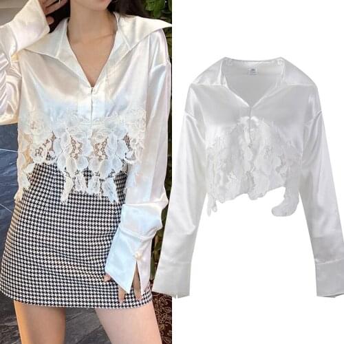 2021 Autumn White Blouses Women Satin Shirts Sexy V-Neck Crop Tops Lpng Sleeve Fashion Streetwear Casual Blousas Korean Clothes