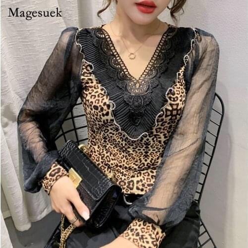 Autumn Winter 2021 New Fashion Long Sleeve T-shirt V-neck Ruffles Shirt for Women Mesh Lantern Sleeve Womens Top Blusas 16655