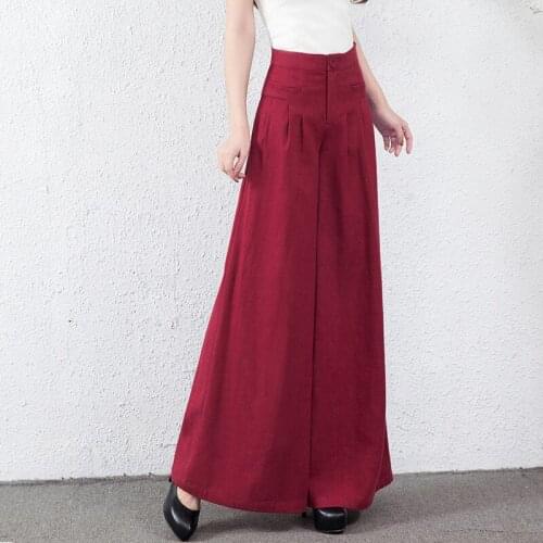 Fall Spring 2018 New Casual Women Red Army Green Black Wide Leg Linen Trousers , Female Woman Pleated High Waisted Loose Pants