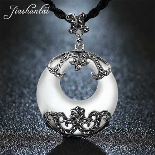 JIASHUNTAI Retro 100% 925 Silver Sterling Big Round Pendant Necklace Round White Opal Gemstone With Silver Jewelry For Women