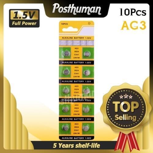 POSTHUMAN 10pcs AG3 1.55V Alkaline Button Battery AG 3 384 392 SR41W SR41 L736 Coin Cell Button Batteries For Watches Toys