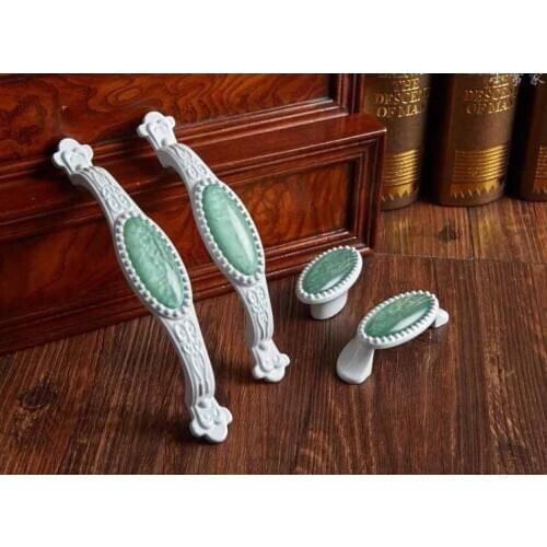 2 pcs White Dresser Knob Drawer Pull Knobs Green Porcelain Kitchen Cabinet Door Handle Furniture Hardware