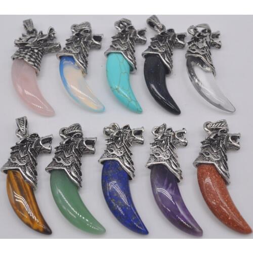 Aventurine/Crystal/Sandstone/Howlite/Lapis/Opal Teeth Pendant Dragon Fashion Jewelry For Woman Gift 1PCS S3056-S3065