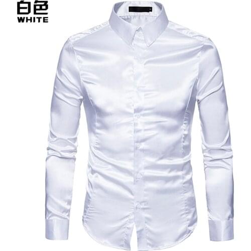 Chemisiers à manches longues pour hommes, à la mode d’automne, boutons, satin, chemisiers blancs pour hommes, chemisiers souple