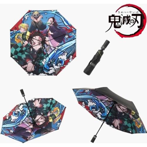 Umbrella Demon Slayer Cosplay Black Kimetsu No Yaiba Kamado Tanjirou Cartoon Fully Automatic Parasol Folding Sunny Umbrella