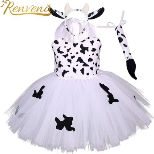 Kids Cosplay Cow Costumes Girls Fancy Dress Up Halter Sleeveless Fluffy Role Play Clothes Performance Party Halloween Costumes