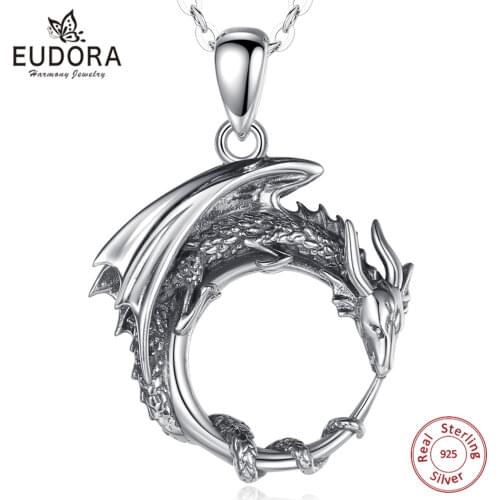 Eudora Real 925 Sterling Silver Cool Dragon Neckalce Temperament Personality Dragon Pendant Fashion Jewelry for man Gift Box 639