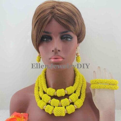 Fantastic Yellow nigerian Wedding Beads Jewelry Set Handmade Crystal african beads jewelry sets Statement Necklace Set W13830