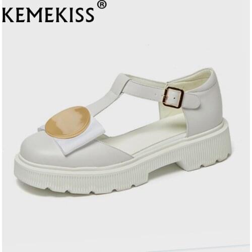 KemeKiss Women Sandals Real Leather Platform Summer Shoes For Women Round Toe Metal Buckle T Tied Female Footwear Size 34-40