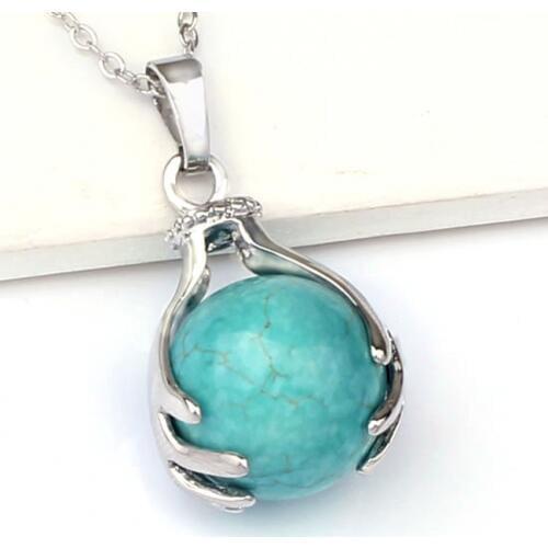 Kraft-beads Popular Silver Plated Hand Green Turquoises Round Stone Pendant Link Chain Choker Necklace Fashion Jewelry