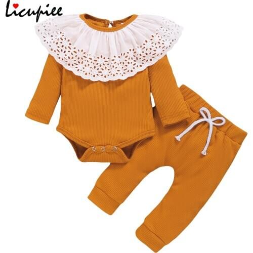 Infant Girl Long Sleeve Romper+ Trousers, Lace Stitching Ruffles Elastic Waist Drawstring Design Spring Clothing 0-18 Months
