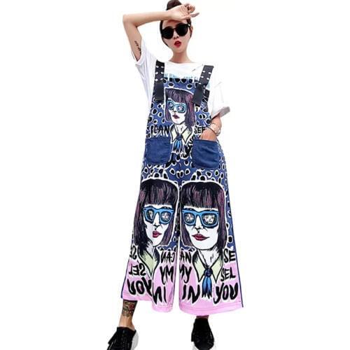 Summer New Print Cute Cartoon Denim Overalls Dot Printing Wide Leg Jean Pants Trousers Rompers Overall For Women Jumpsuit Femme