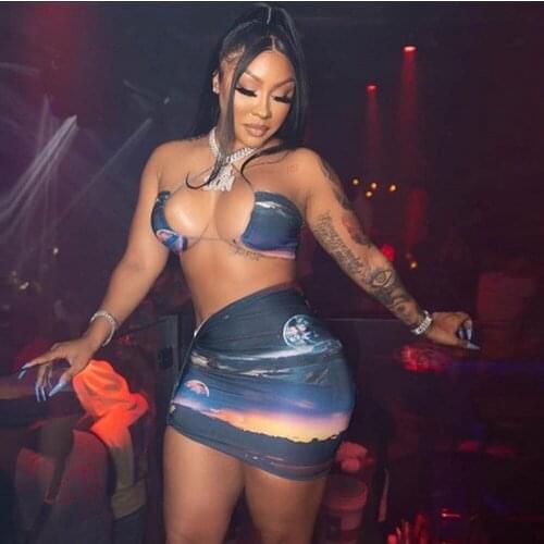 Night Sky Print Two Piece Set Women Sexy Lace Up Halter Cropped Bra+Mini Pleated Dress Co-ord Outfits Female Hot Clubwear