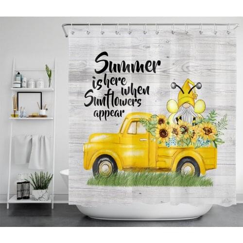 Sunflower Shower Curtain Set, Vintage Yellow Flowers Funny Gnome Retro Truck Waterproof Fabric Bathroom Decor with Hooks