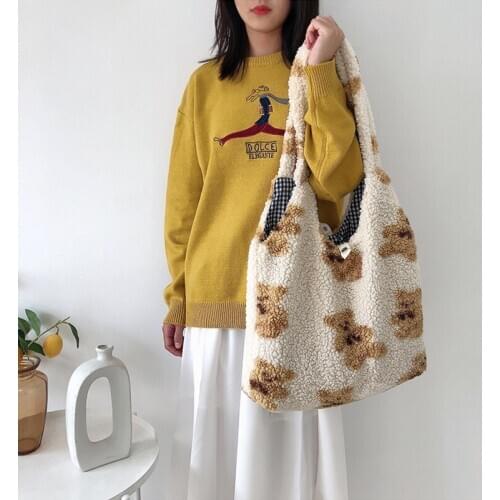 Korean Plush Cute Cartoon Bear Large Capacity Casual One-Shoulder Versatile Shopping Bag