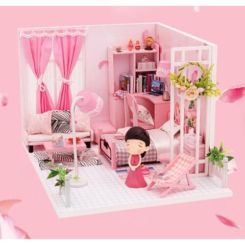 Dollhouse with Furniture w/ LED Light & Dustproof Case Wood Pink Cottage Creative Room 3D Puzzles Doll House Model Gift
