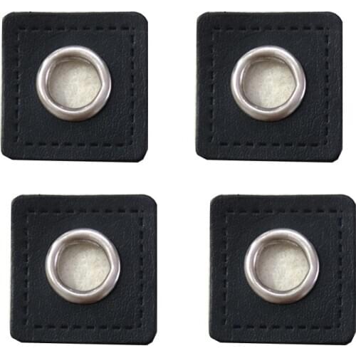 30pcs/Lot 2.4cm Square Black PU Leather Sew on Badges Patch Labels + Inner 0.8cm Metal Brass Eyelets Grommets Free Ship