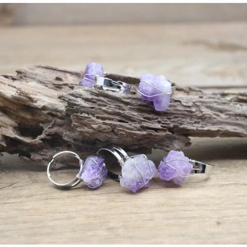 Healing Amethysts Druzy Adjustable Ring Silver Color Wire Wrap Raw Crystal Quartz Geode Drusy Ring Women Fashion Jewelry,QC4029