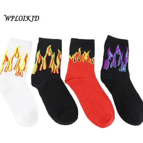 Men Hip Hop Design Red Yellow Flame Crew Socks Lifelike Jacquard Fire Socks Classic Street Skateboard Cotton Long Unisex Socks