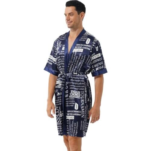 Men Striped Pijamas Fashion Letter Print Satin Open Front Bathrobe Breathable Underwear Short Sleeve Belted Night-robe Nightwear