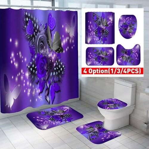 3D Print Shower Curtain Set Flower Butterfly Natural Landscape Home Decoration Bathroom Curtains Carpet Toilet Cover Bath Pad