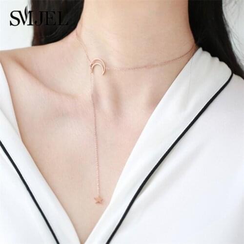 New Fashion Sweet Moon Necklaces Korean Jewelry Stainless Steel Crescent Moon Star Pendant Necklaces Tassel Chain Clavicle