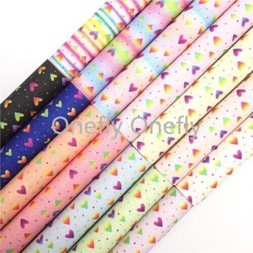 Onefly Rainbow Hearts Printed Glitter Leather Fabric With Soft Felt Backing, Synthetic Leather For Bow DIY handbag shoes FZ024